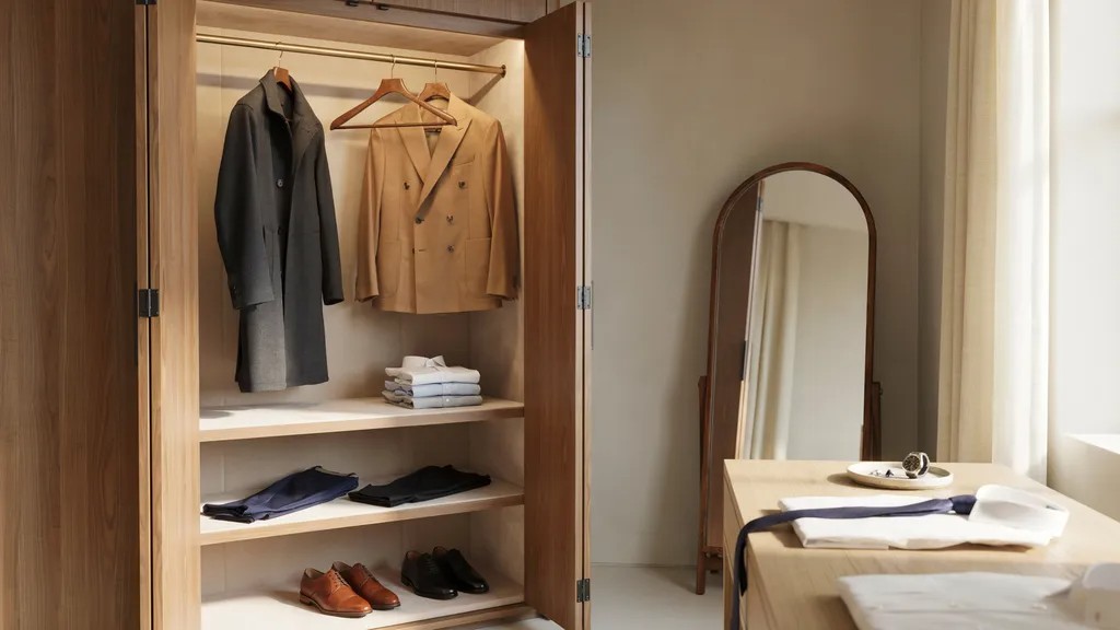 Sport coat and blazer displayed with wardrobe necessities.