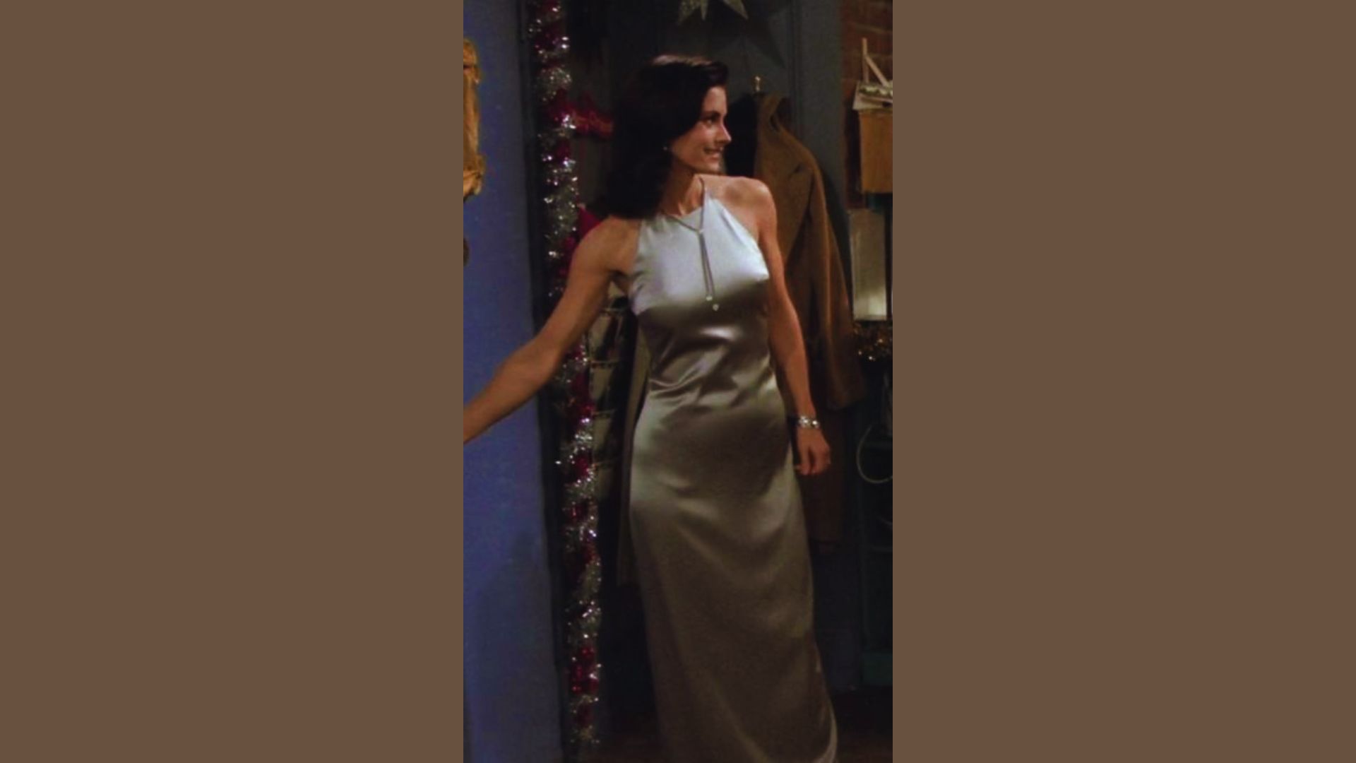 Silver satin gown with matching sandals inspired by Monica Geller's iconic look
