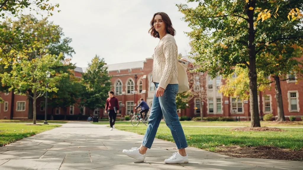 Woman styling a varsity sweater with straight-leg jeans and sneakers.