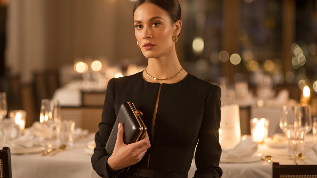 Little black dress dinner date gold jewelry slingback heels clutch classy romantic evening look
