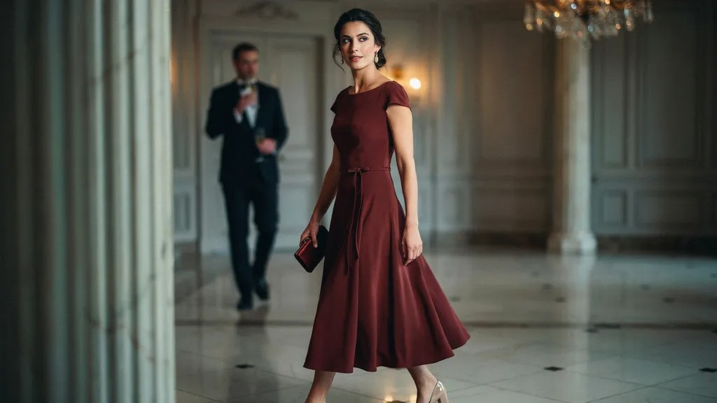 Woman wearing a classic midi dress with heels and a clutch.