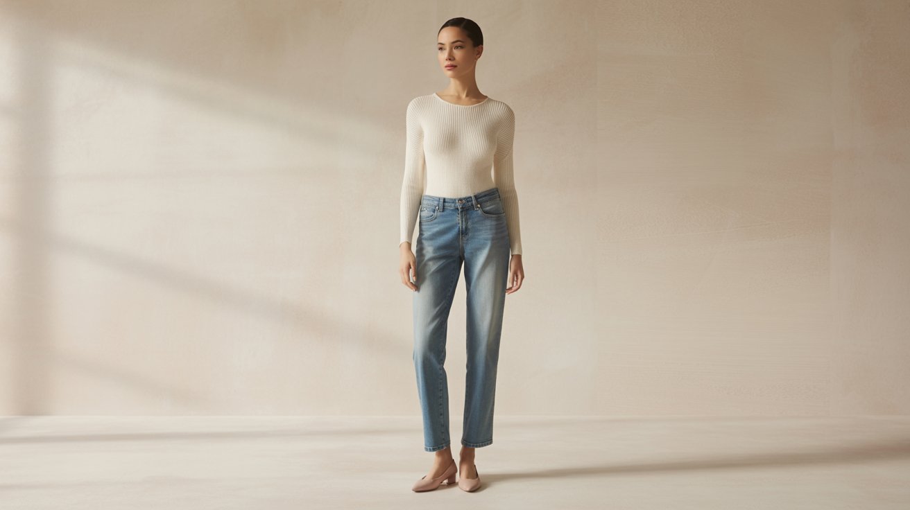 Straight-leg jeans, fitted knit top, and ballet flats create balanced casual elegance.