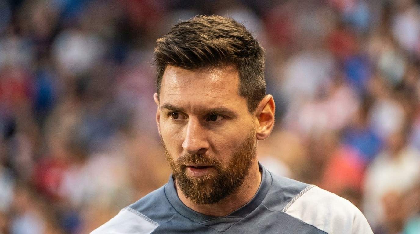 Lionel Messi with short textured crew haircut and full beard in grey training T-shirt.