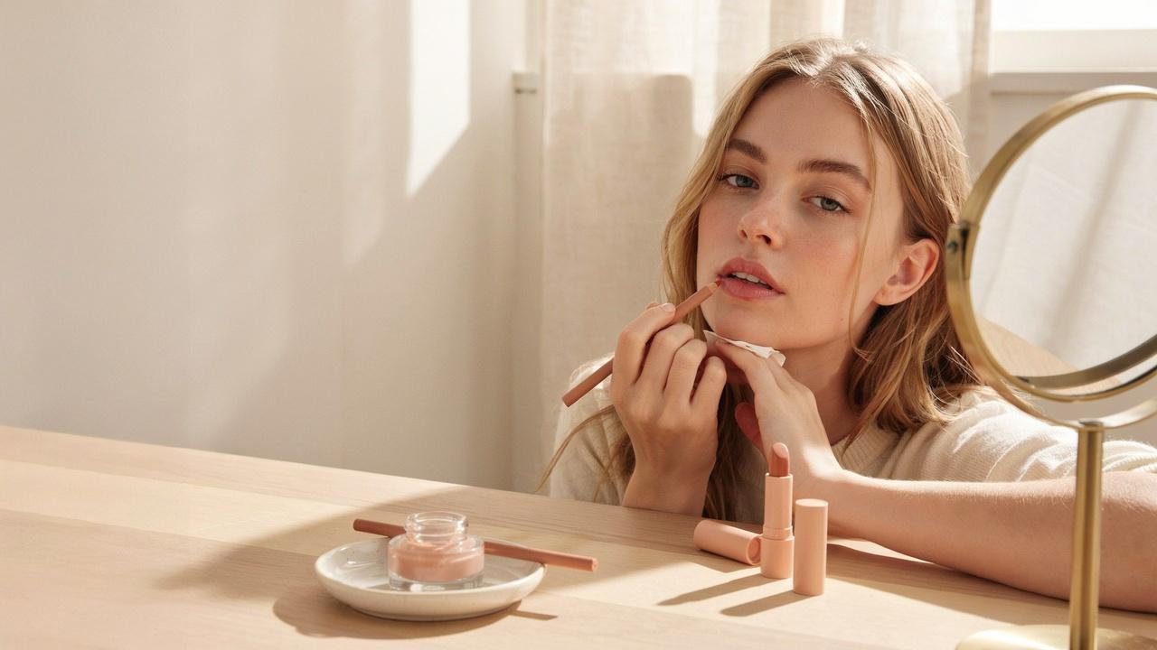 Woman applying nude lipstick while looking into a round tabletop mirror.