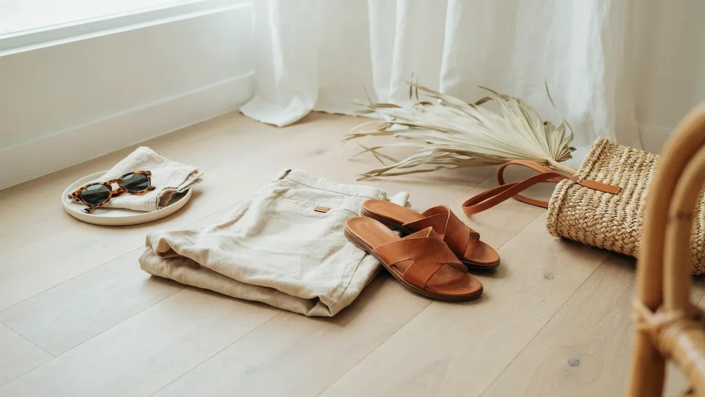 Tailored neutral shorts styled with sandals and a woven tote bag.