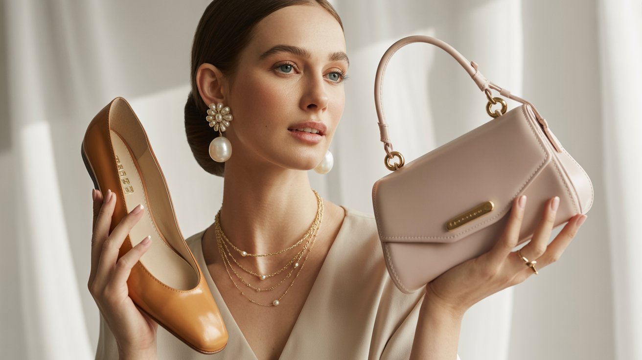 Soft Classic accessories include pearls, delicate jewelry, structured bags, and elegant shoes.