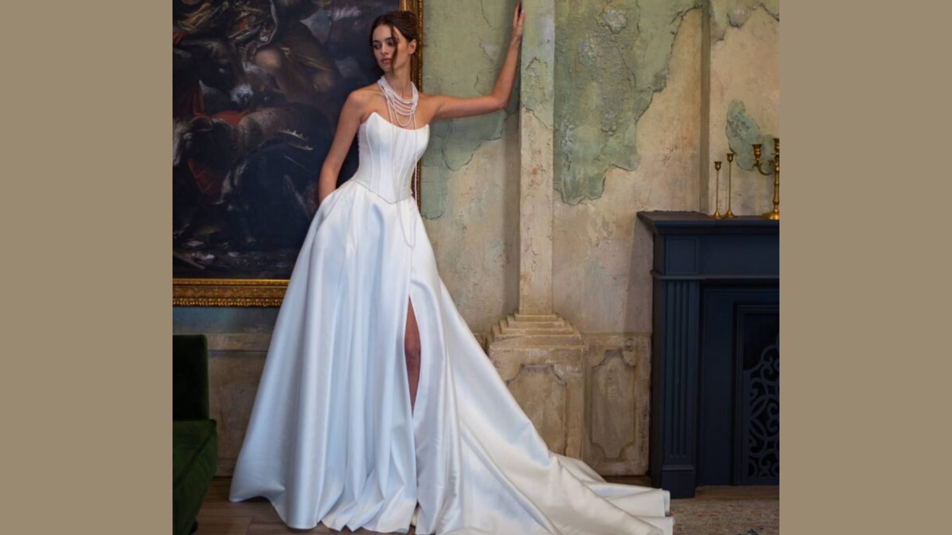 Bride wearing a minimalist ball gown wedding dress with clean lines and elegant styling.