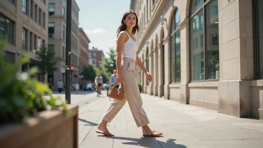 Woman styling wide leg linen pants with a tank top and flat sandals outdoors.