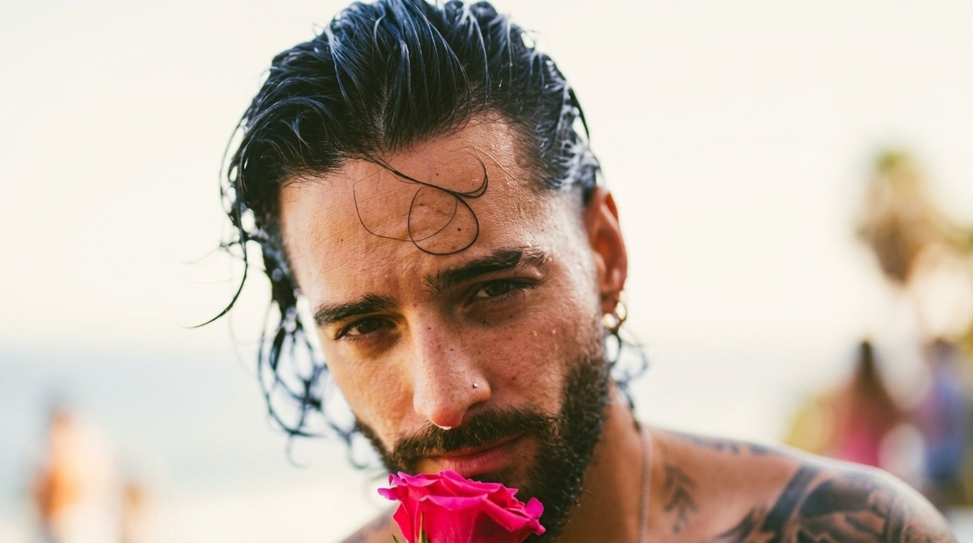 Maluma with wet slicked back long curly hair holding a pink rose on beach