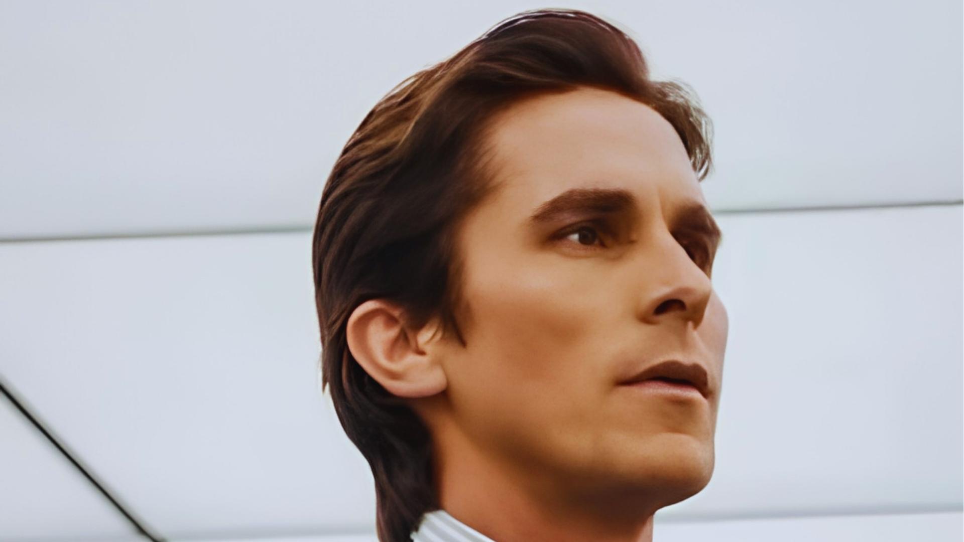 Christian Bale Bruce Wayne slicked 70s style hair profile in American Psycho to Batman comparison.