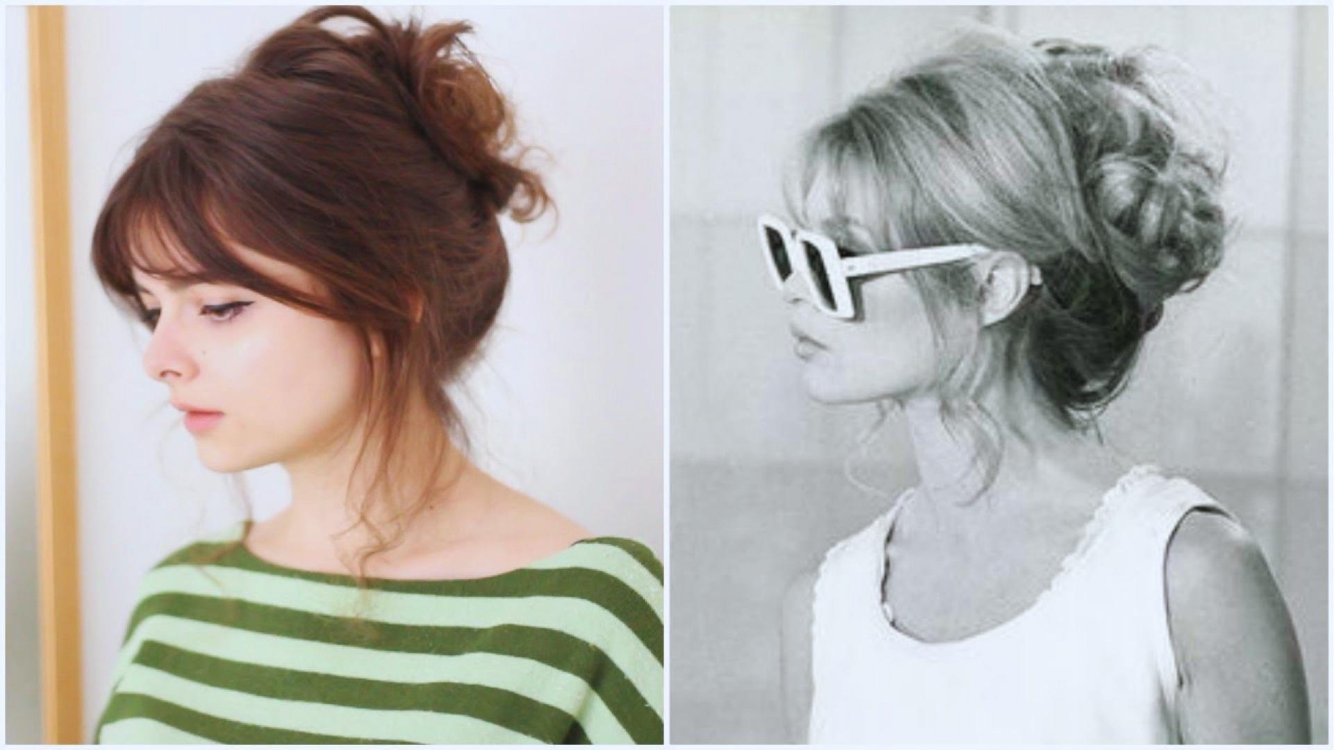 Split image of messy Bardot-style updo on brunette vs vintage Brigitte Bardot in white sunglasses with textured bun.