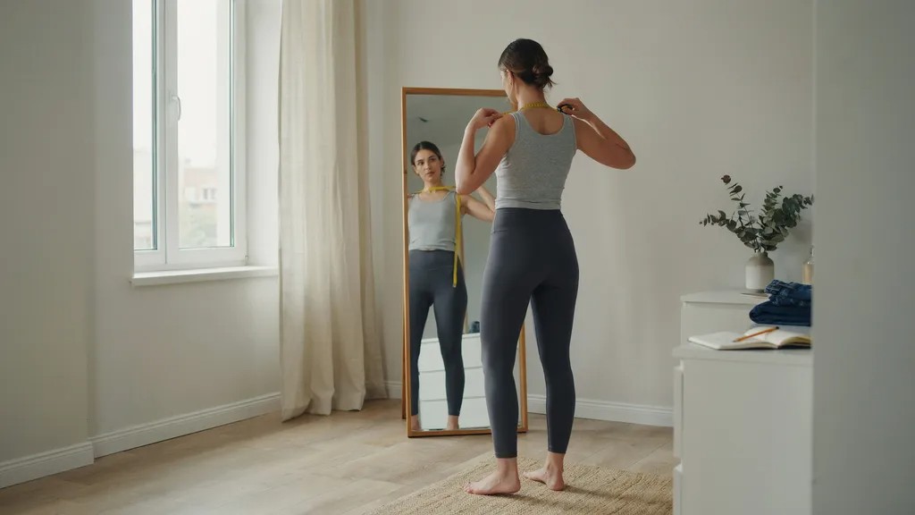 Person measuring shoulder width with a tape measure in front of a mirror.