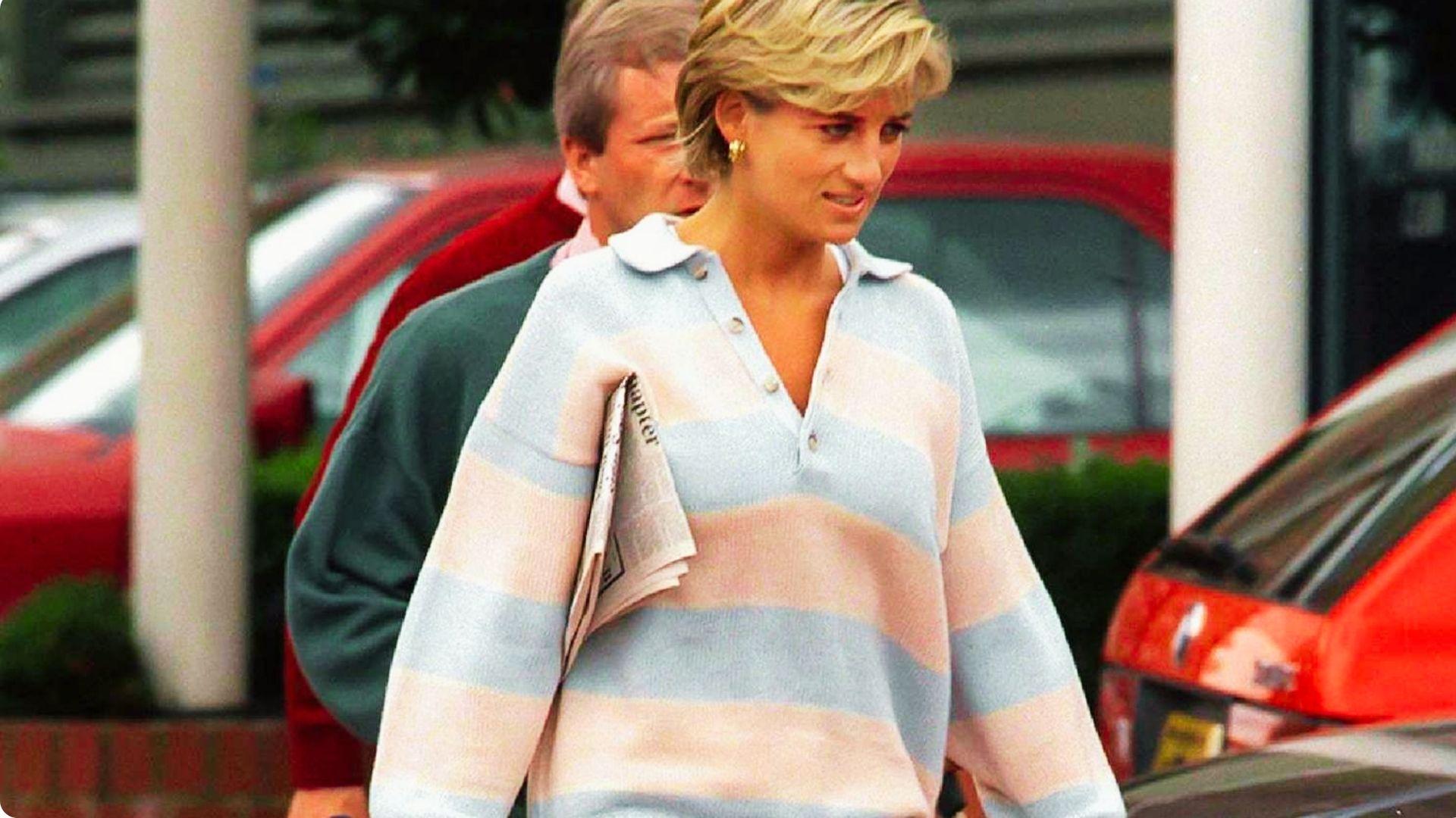 Princess Diana airport travel outfit featuring neutral tones, loafers, and layered comfortable clothing.