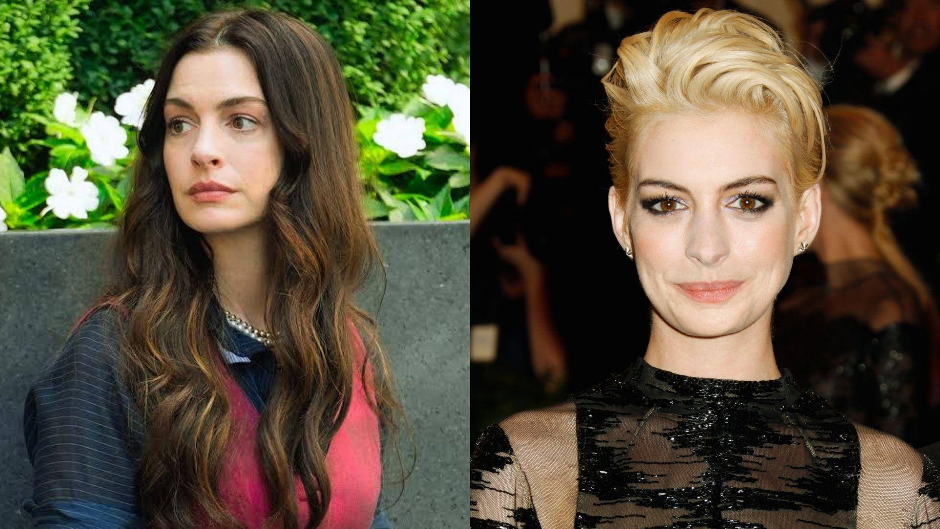 Anne Hathaway hair color comparison, long brunette waves vs 2013 Met Gala platinum blonde pixie.