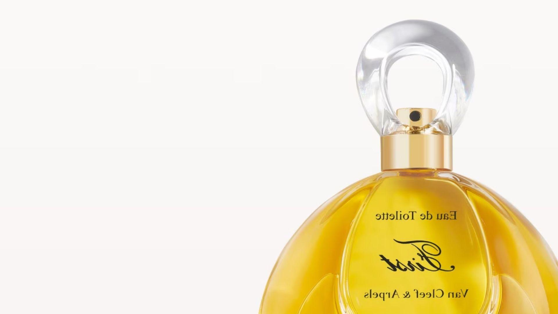 Close up of Van Cleef & Arpels First Eau de Toilette in golden bottle, a floral aldehydic fragrance worn by Princess Diana