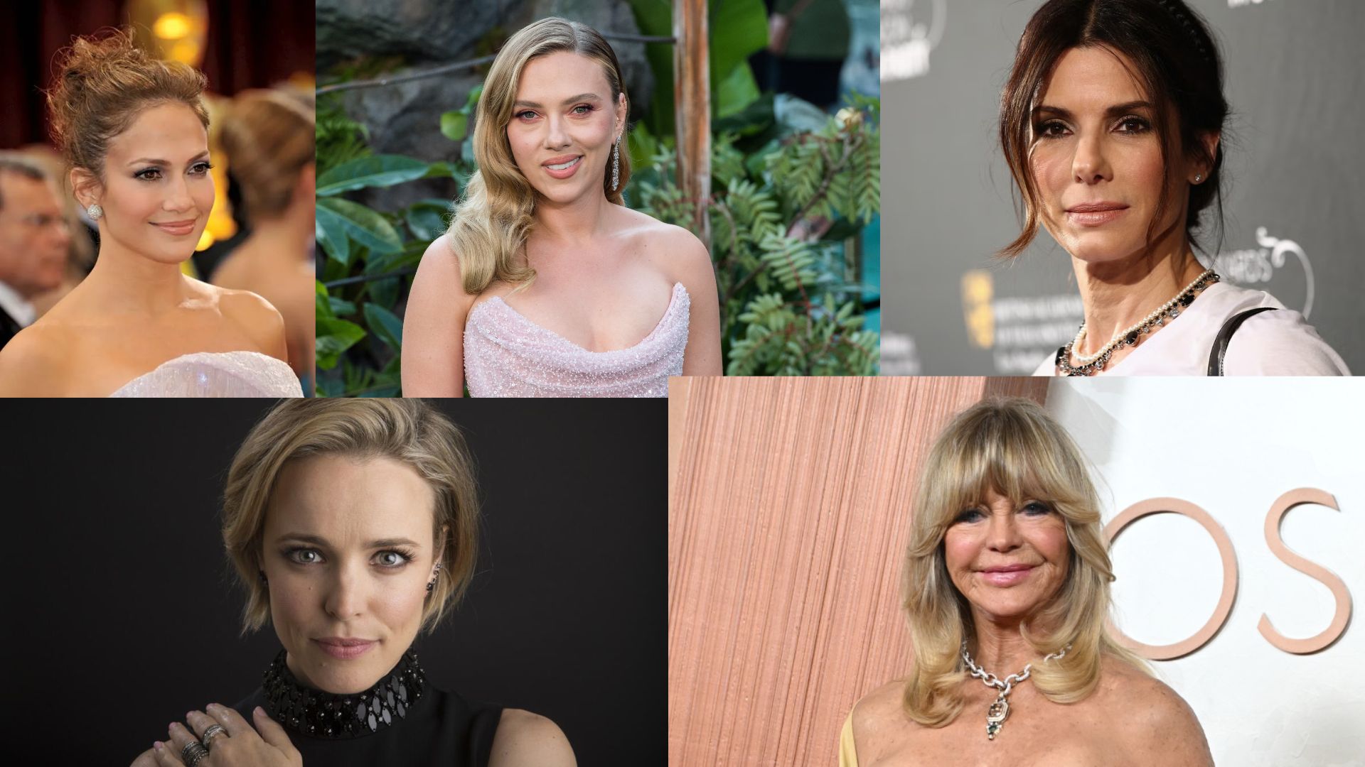 Collage of Jennifer Lopez, Scarlett Johansson, Sandra Bullock, Rachel McAdams, and Goldie Hawn at red carpet events