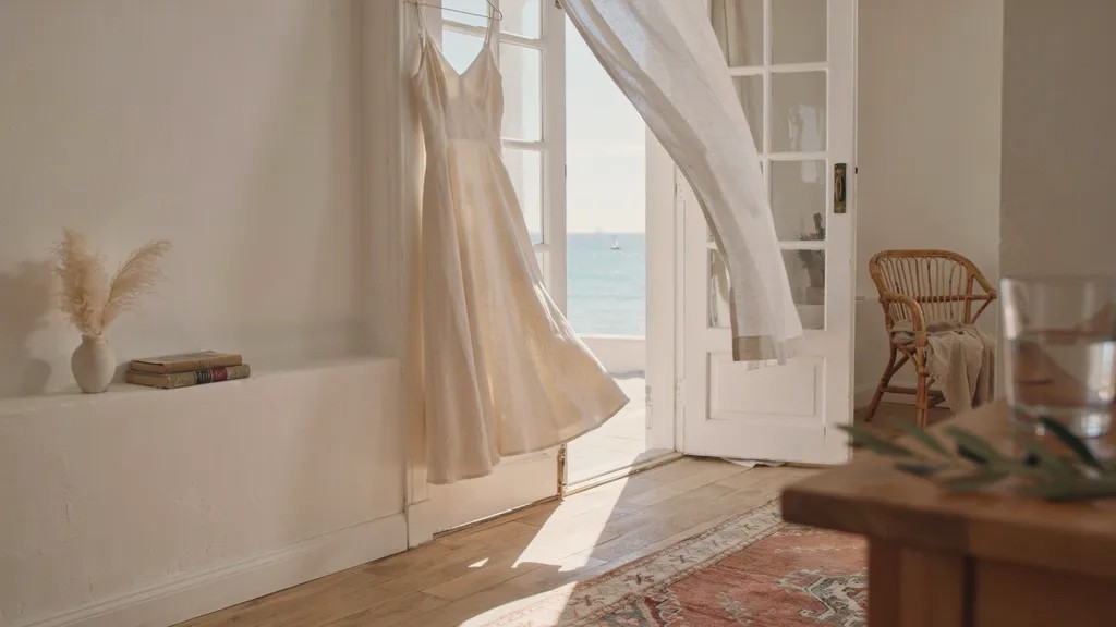 Breezy cream midi dress hanging in a sunlit coastal-infleunced room.