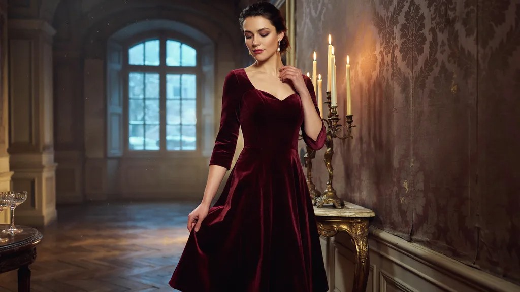 Woman wearing a velvet dress for a fall or winter event.