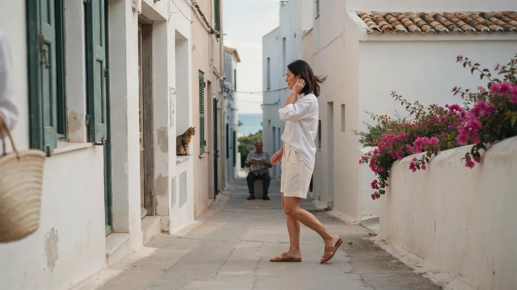 Smart casual outfit with linen shirt and tailored shorts near the coast.