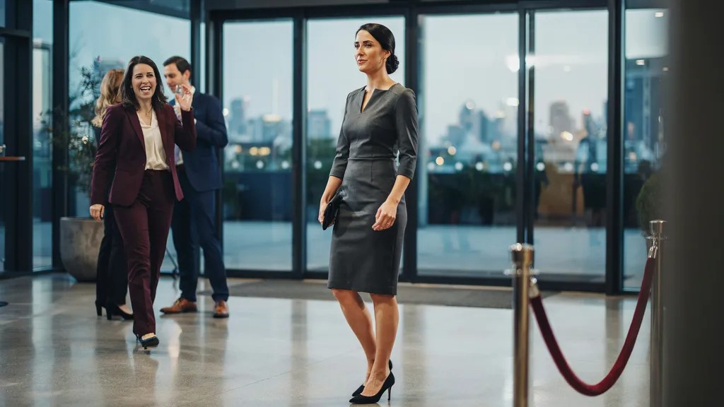 Woman wearing a structured sheath dress for a corporate event.