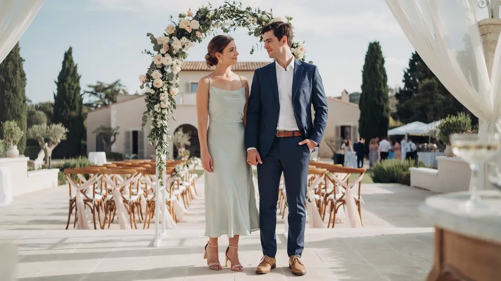 Man and woman wearing classic semi formal wedding attire