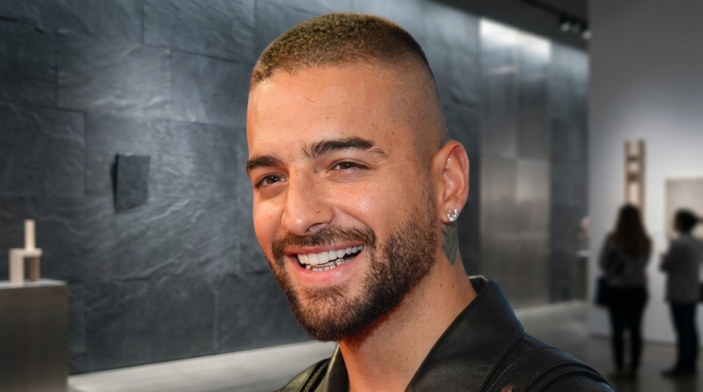 Maluma with very short buzz cut fade smiling in leather jacket indoors