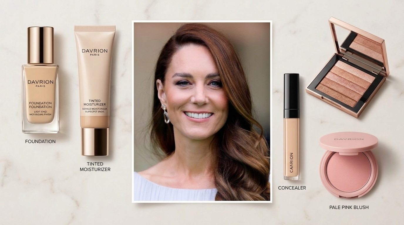 Beauty collage inspired by Kate Middleton featuring a natural royal makeup look and luxury makeup products arranged around a portrait.