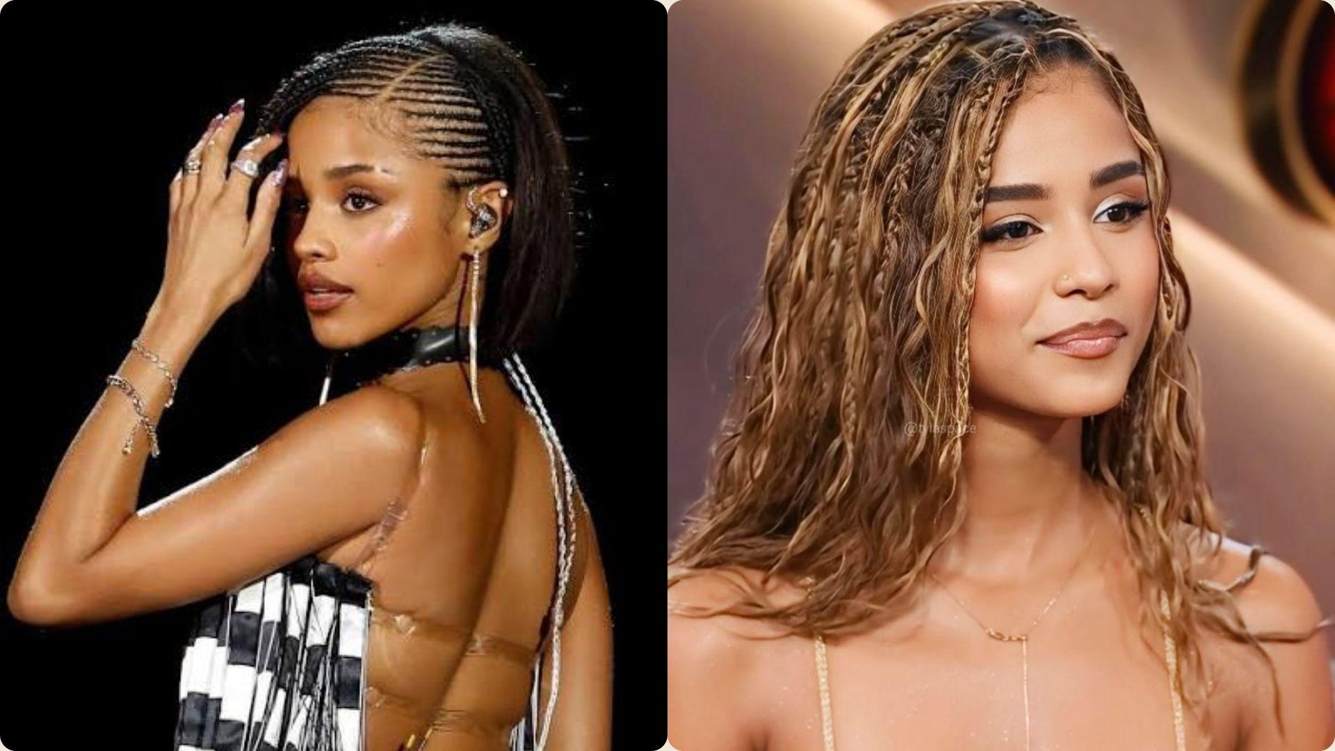 Tyla sleek boxy braids and wet curly hairstyle: side profile on stage and front portrait close-up.