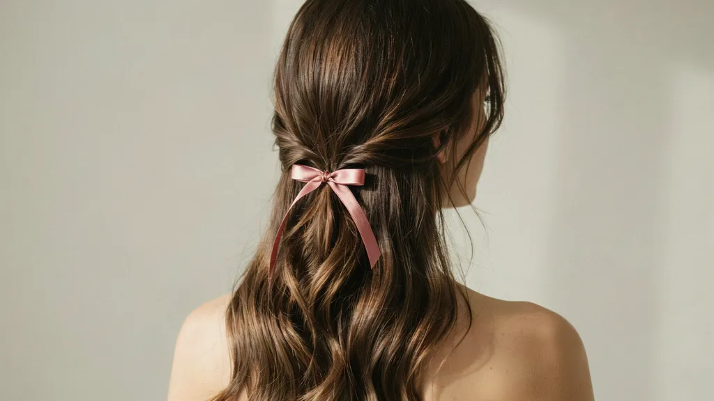 soft waves with face framing strands and subtle ribbon detail finished with light hold maintaining natural movement and volume throughout hairstyle.