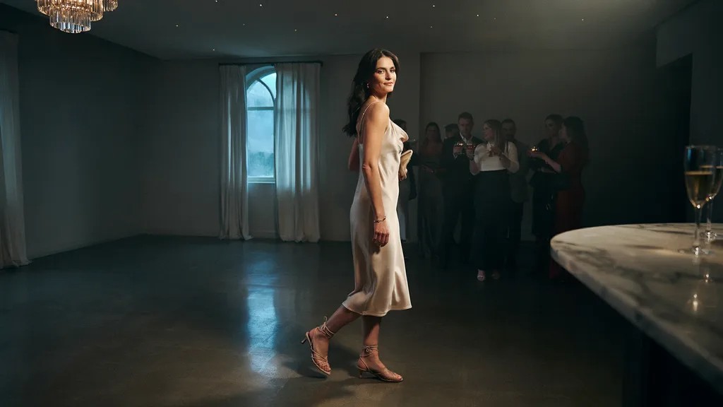 Woman in a satin slip dress styled for an evening semi formal event.