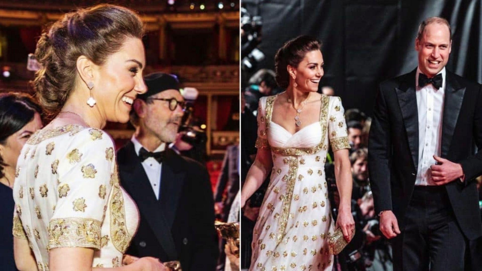 Kate Middleton and Prince William at BAFTA red carpet wearing gold-embroidered white gown and Van Cleef Alhambra earrings
