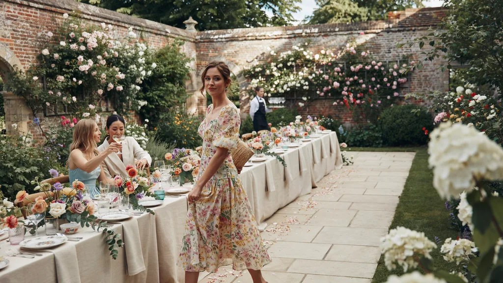 Woman in a floral midi dress at a garden party.