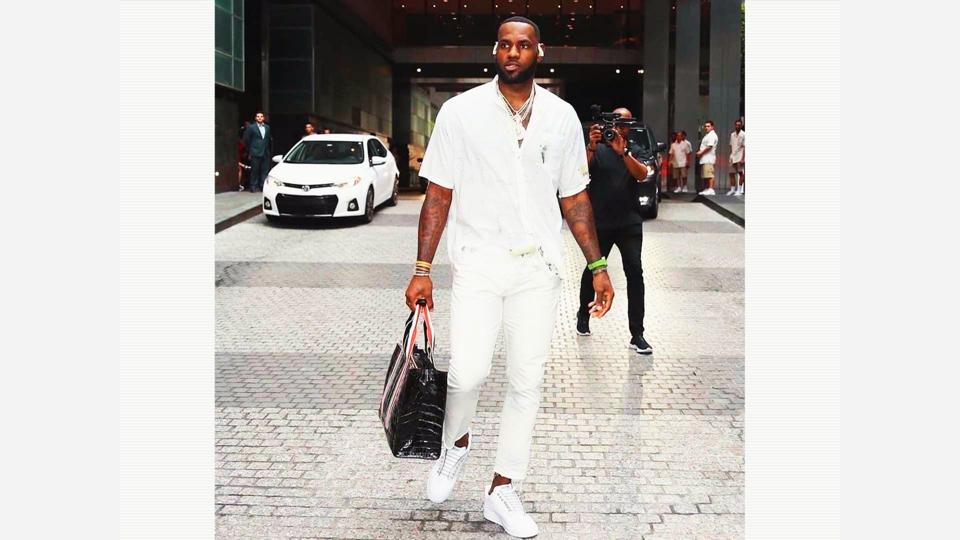 LeBron James Vacation outfit with designer sneakers.