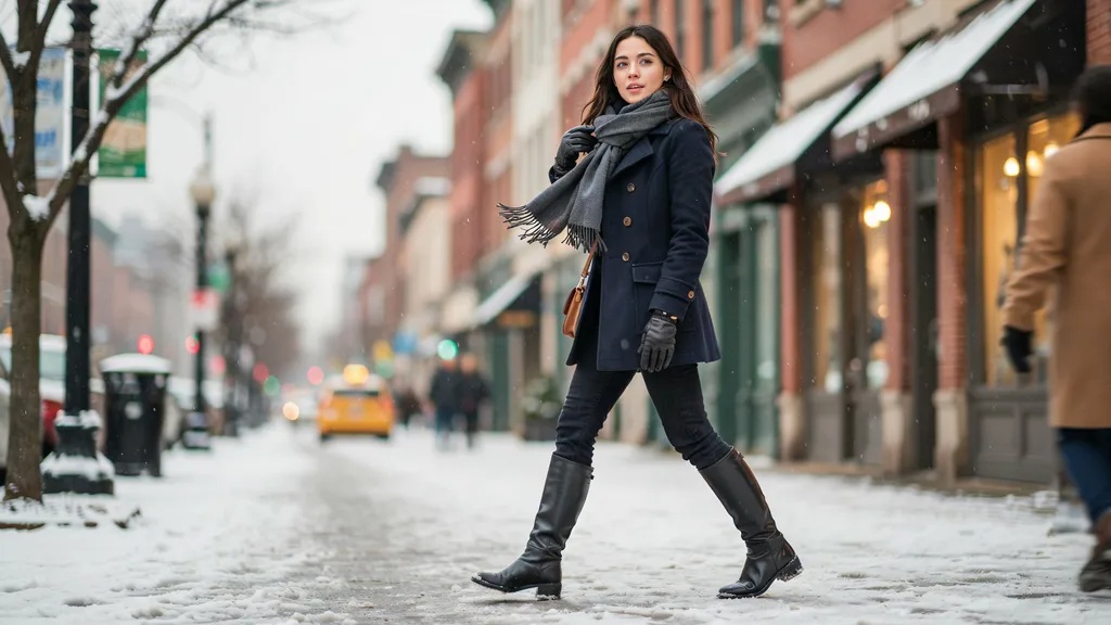 Winter preppy outfit with peacoat and knee-high boots.