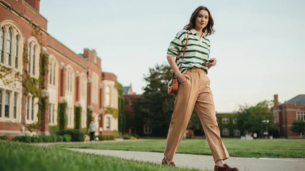 Rugby shirt styled with wide-leg pants for a modern preppy look.