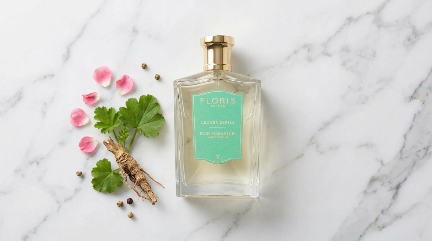 Floris London Rose Geranium perfume bottle on marble with rose petals and herbs, a classic British scent Marilyn Monroe reportedly wore