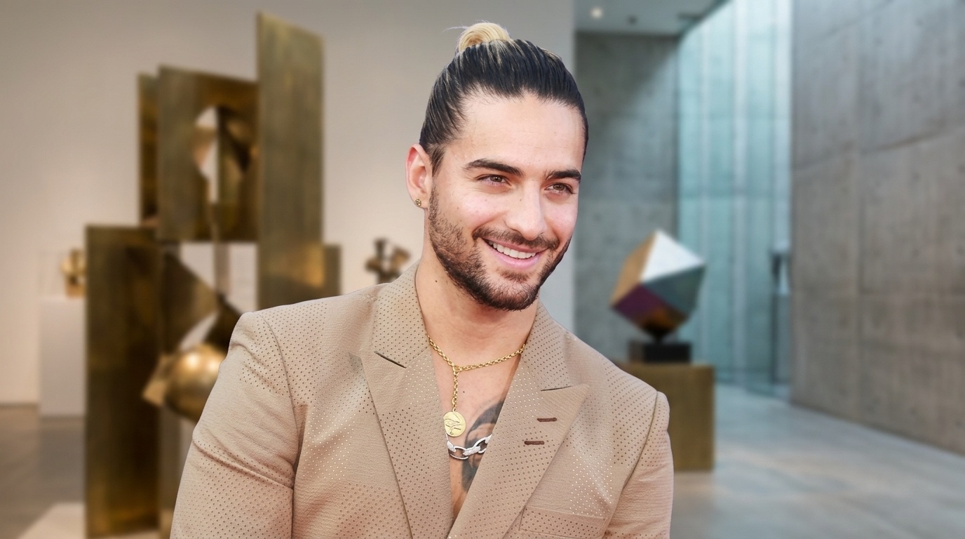 Maluma with long hair slicked back into blonde-tipped top knot man bun