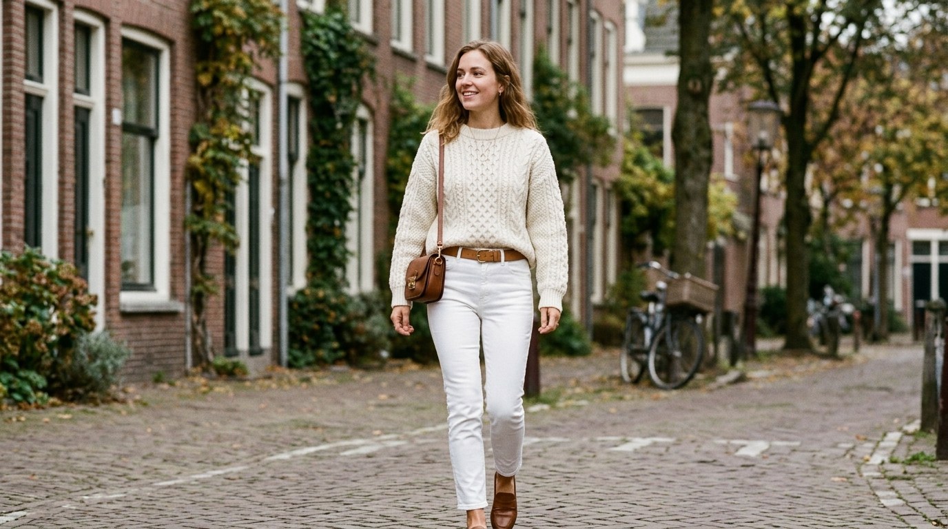 Cable knit sweater paired with white jeans for a chic preppy look.