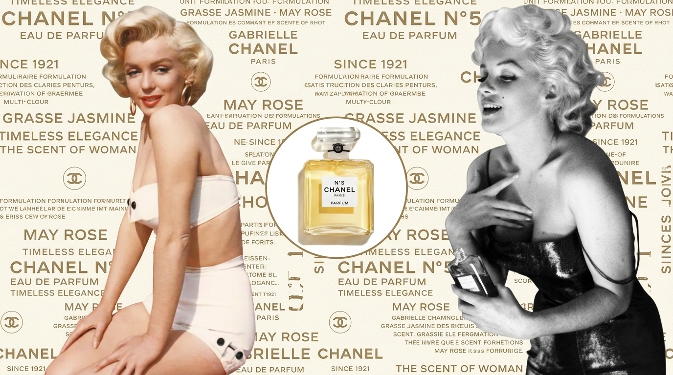 Vintage collage of Marilyn Monroe with Chanel No 5 perfume bottle and gold text, highlighting her iconic quote about wearing Chanel