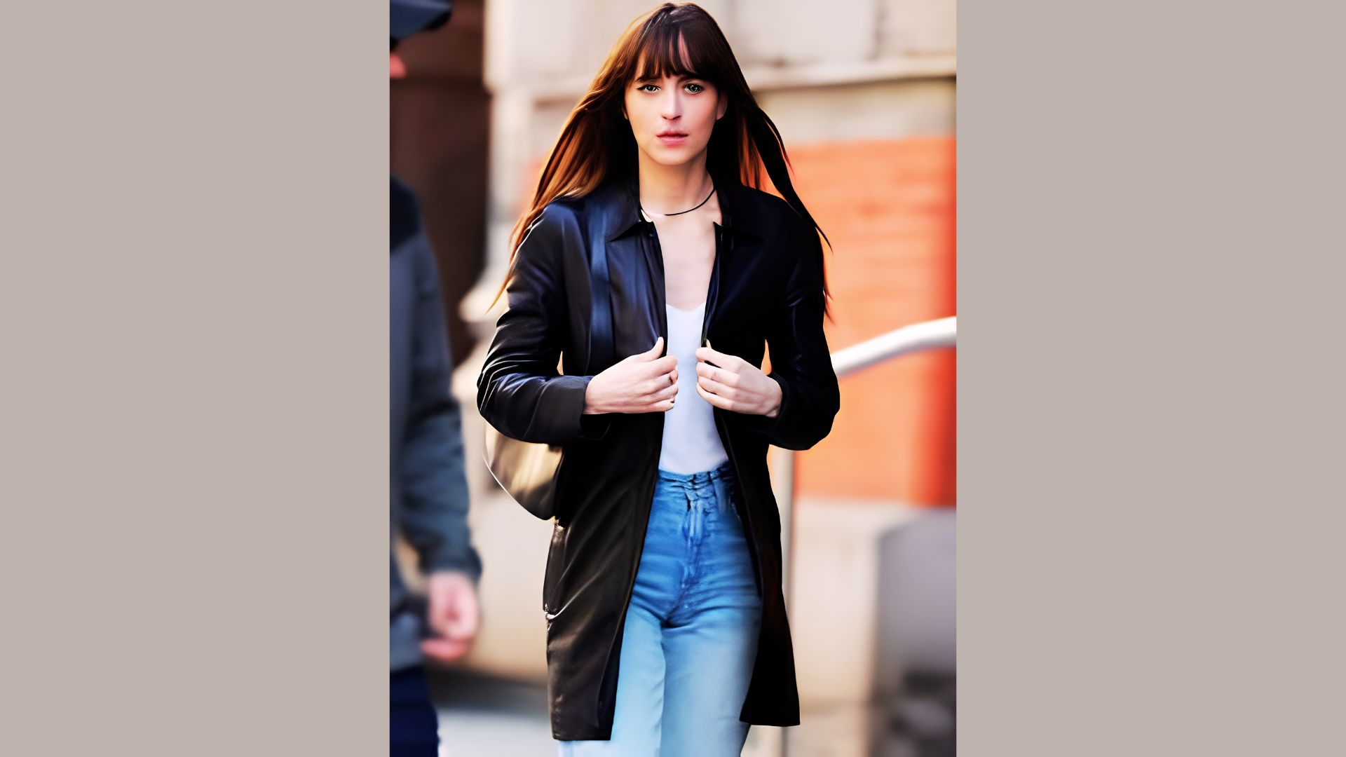 Woman wearing a leather jacket for a casual street style look.