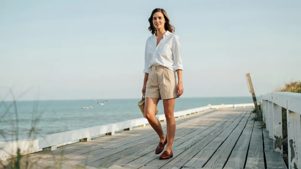 White button-down styled with pleated shorts for summer preppy fashion.