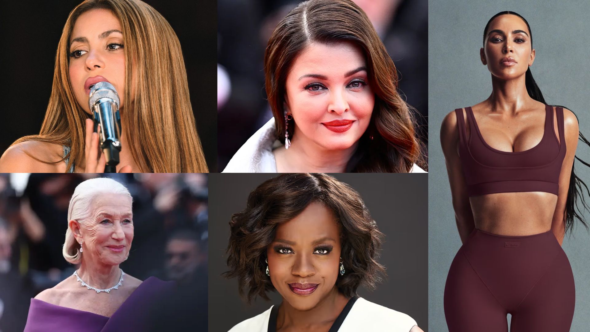Collage of Shakira singing, Aishwarya Rai Bachchan, Kim Kardashian in activewear, Helen Mirren, and Viola Davis portraits