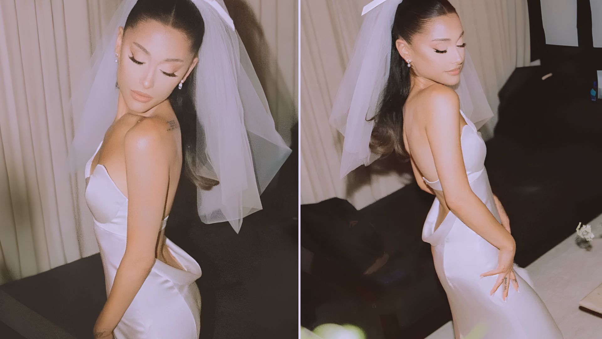 Close-up of a minimalist silk strapless wedding dress with elegant tailoring and a low back design.