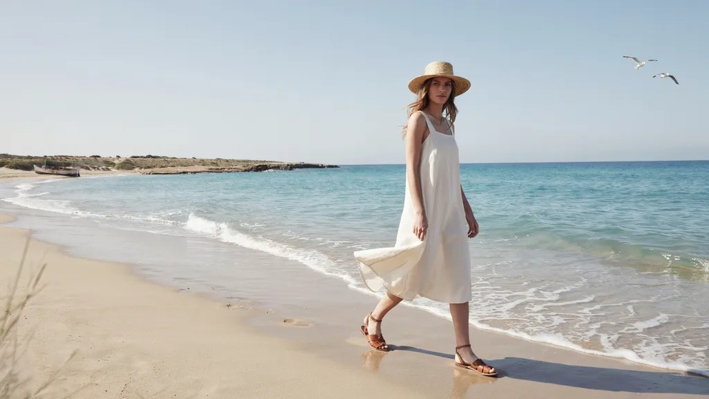 Summer coastal outfit with linen dress and straw hat by the sea.