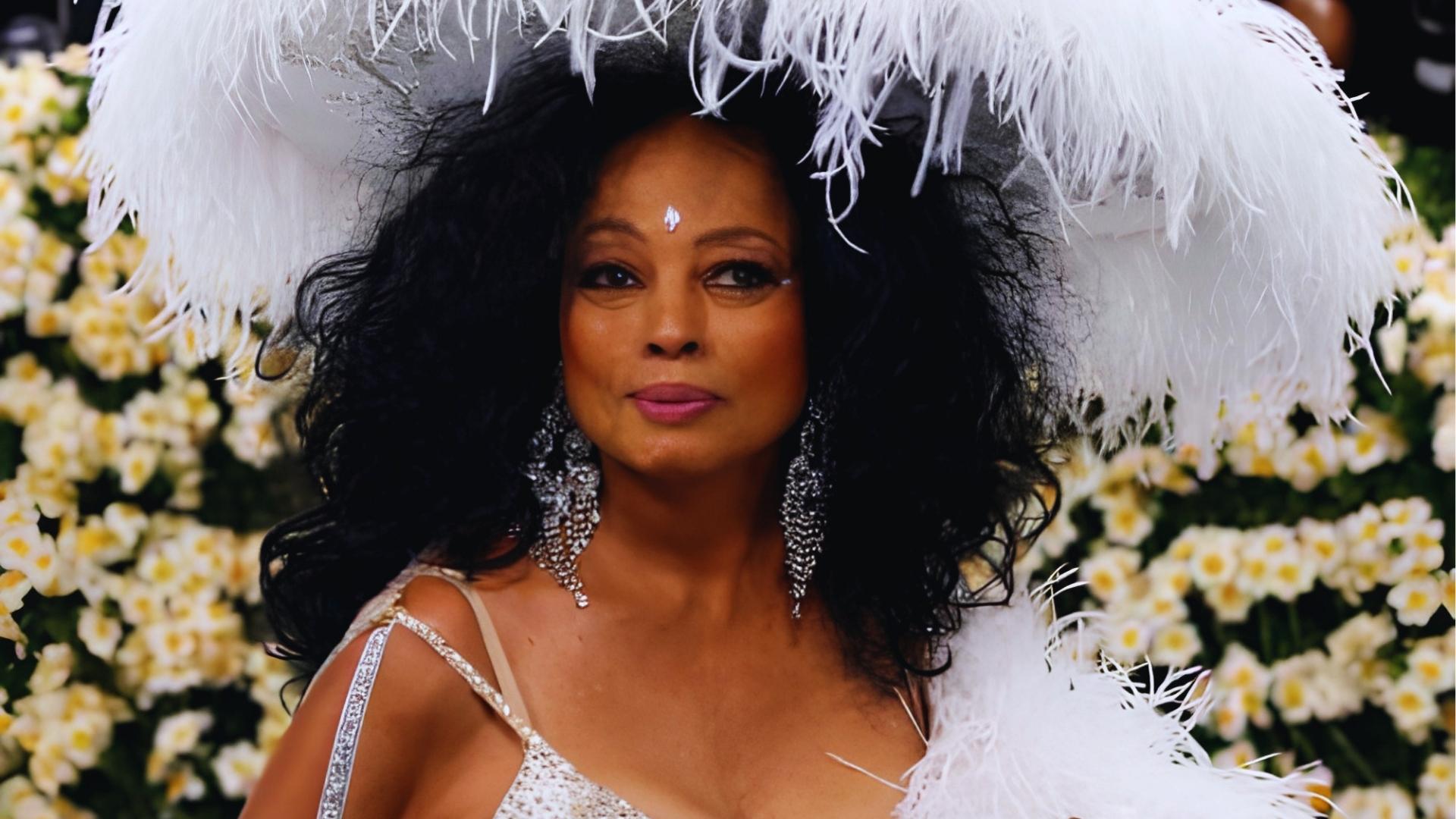 Diana Ross wears dramatic white feathered hat and crystal earrings, voluminous dark curls framing face against yellow floral backdrop.